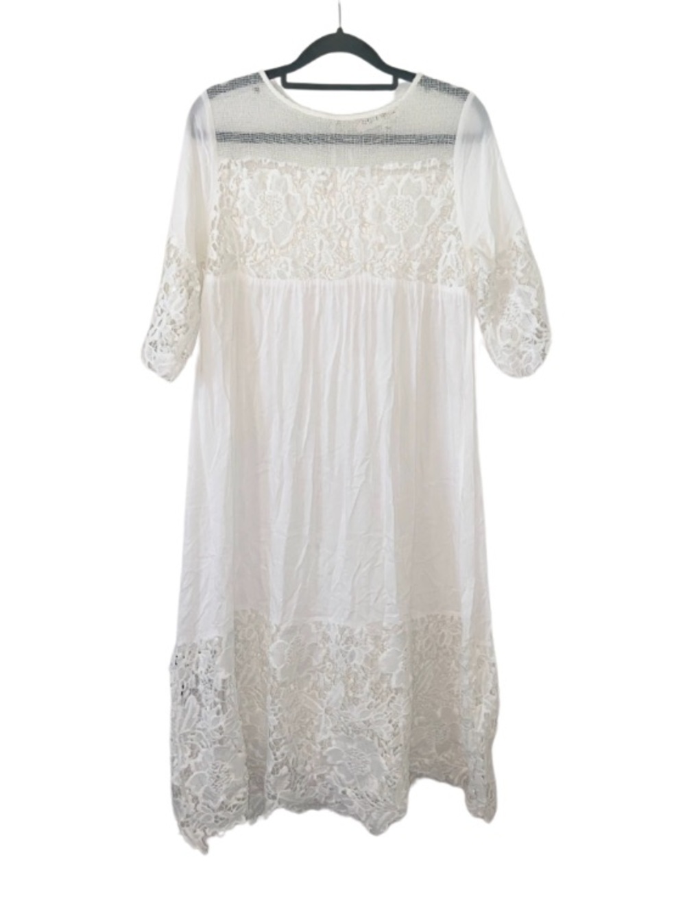 Brass & Roe EUC white lace cotton prairie cottagecore boho midi dress size M